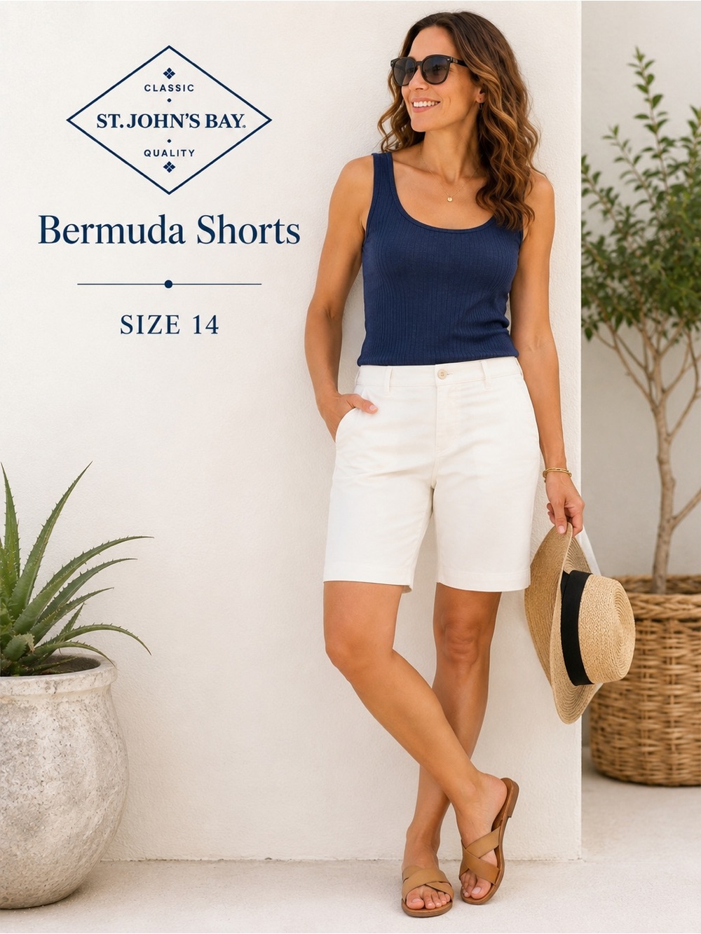 St. John’s Bay White Bermuda Shorts Size 14 Stretch Mid Rise Summer Casual